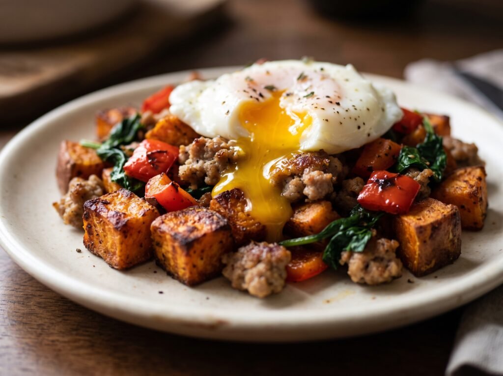 Close-up of sweet potato hash with sausage, spinach, and a soft-centered egg