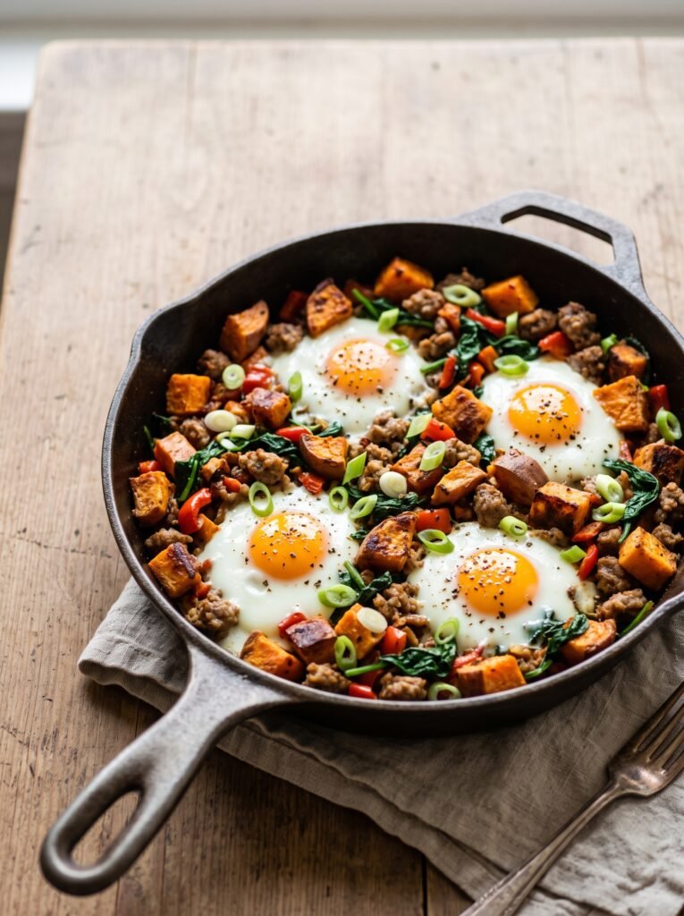 Sweet potato breakfast hash with sausage, peppers, spinach, and eggs in a skillet