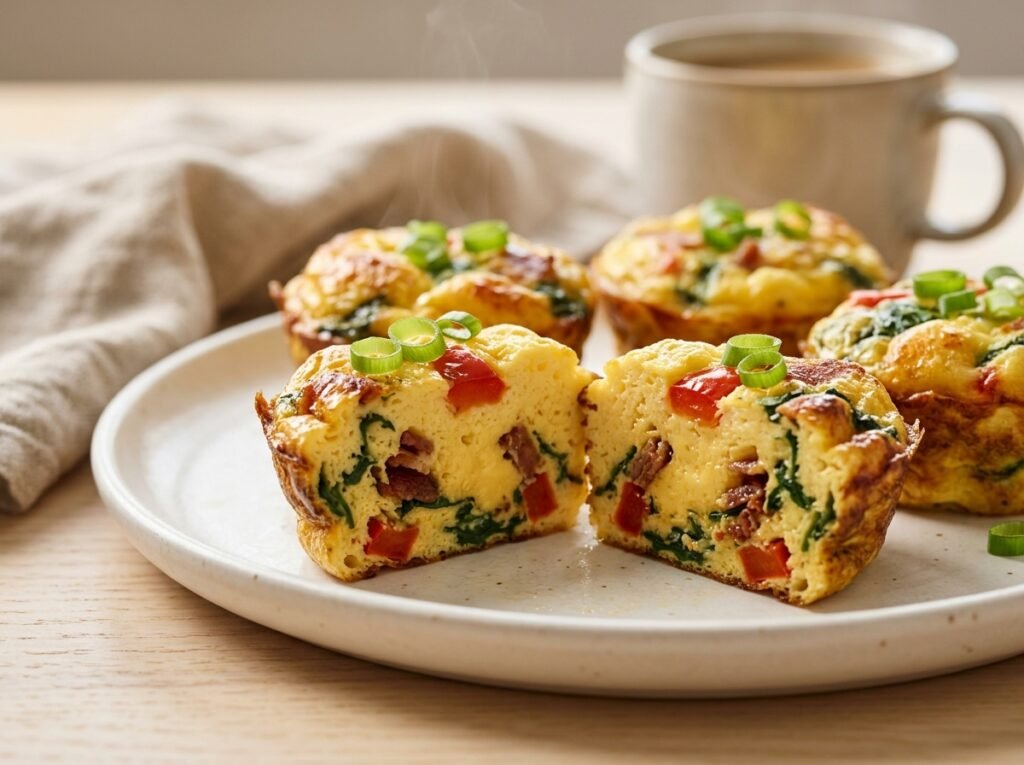 Close-up of a Cottage Cheese Egg Bite cut in half, showing the velvety custard center with bacon and spinach