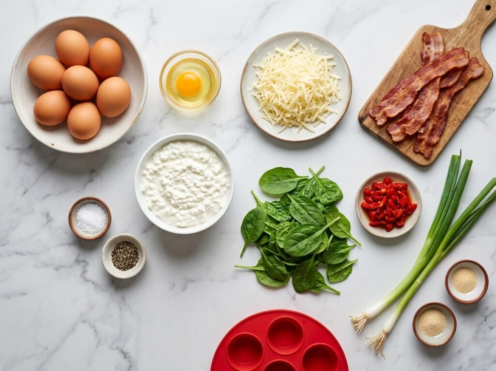 Ingredients for Cottage Cheese Egg Bites on marble: eggs, cottage cheese, Gruyère, bacon, spinach, roasted red peppers, and green onions