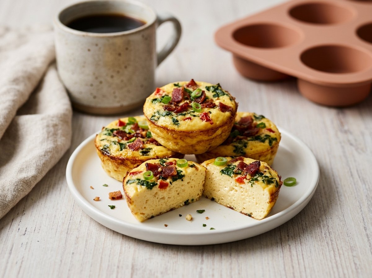Cottage Cheese Egg Bites with bacon, spinach, and red pepper on a white plate, one cut open to show the silky center