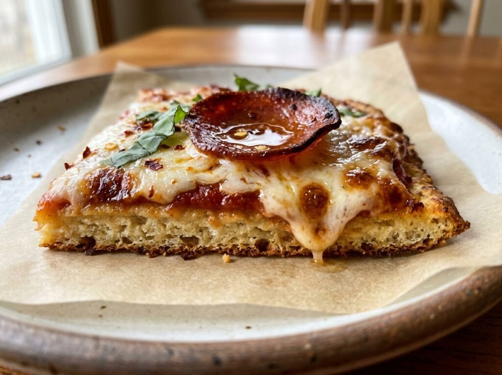 Close-up of Cottage Cheese Flatbread Pizza showing the golden crust edge, melted mozzarella, and crispy turkey pepperoni