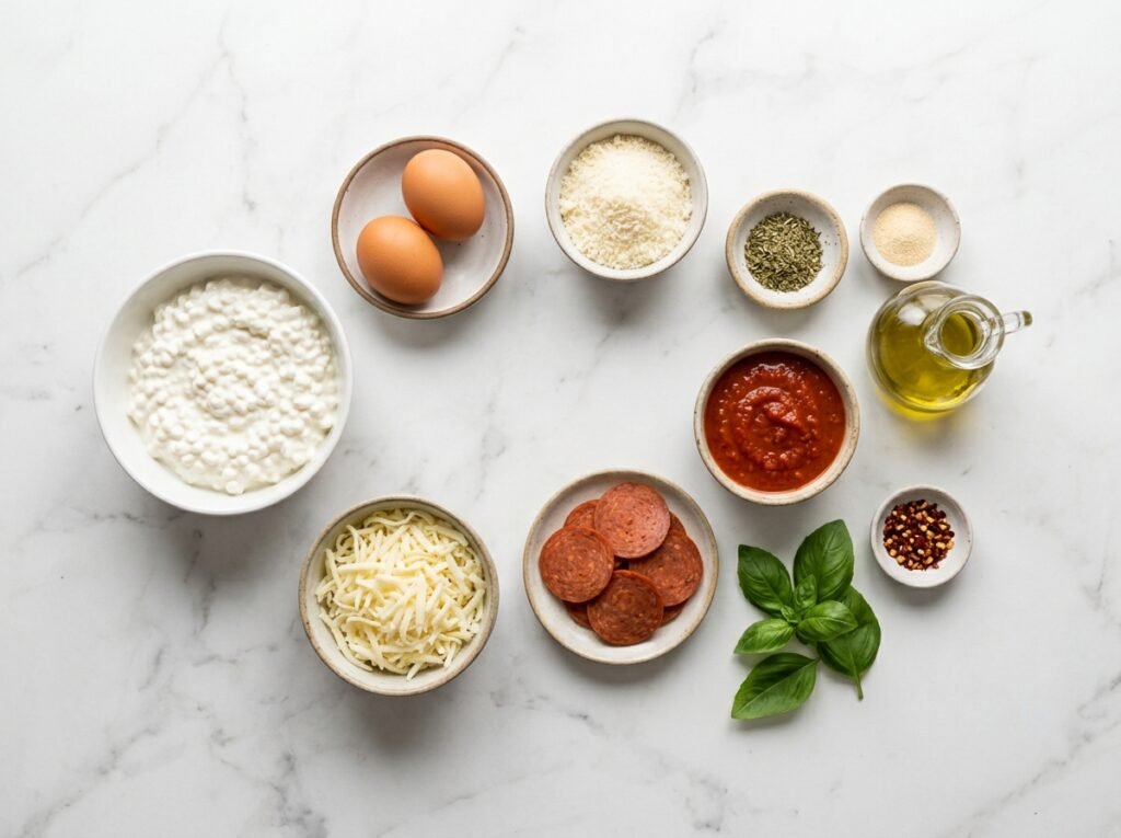 Ingredients for Cottage Cheese Flatbread Pizza on marble: cottage cheese, eggs, Parmesan, marinara, mozzarella, turkey pepperoni, and basil