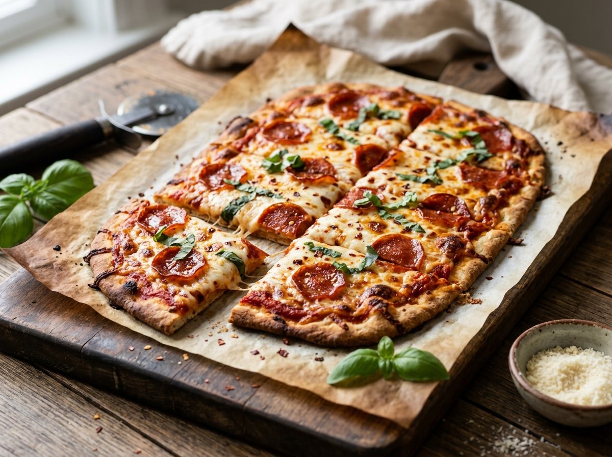 Cottage Cheese Flatbread Pizza cut into squares, topped with marinara, melted mozzarella, turkey pepperoni, and fresh basil