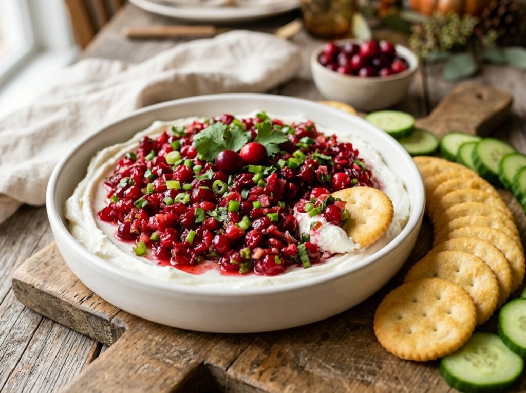 Cranberry Jalapeño Dip with chopped cranberries, jalapeño, and cilantro over whipped cream cheese, served with crackers