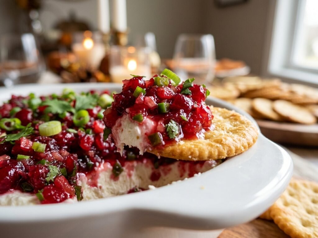 Close-up of Cranberry Jalapeño Dip on a cracker, showing glossy chopped cranberries and jalapeño over a creamy white base