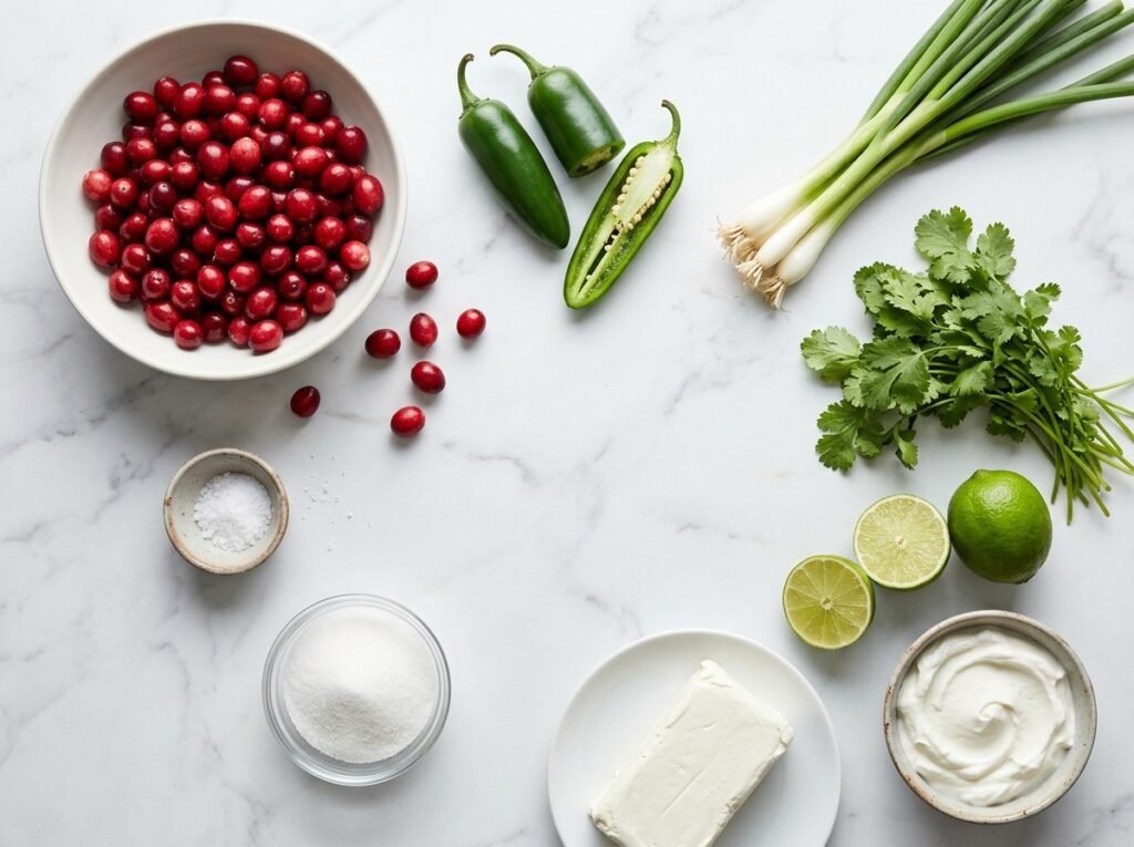Ingredients for Cranberry Jalapeño Dip on marble: fresh cranberries, jalapeños, green onions, cilantro, lime, cream cheese, and Greek yogurt