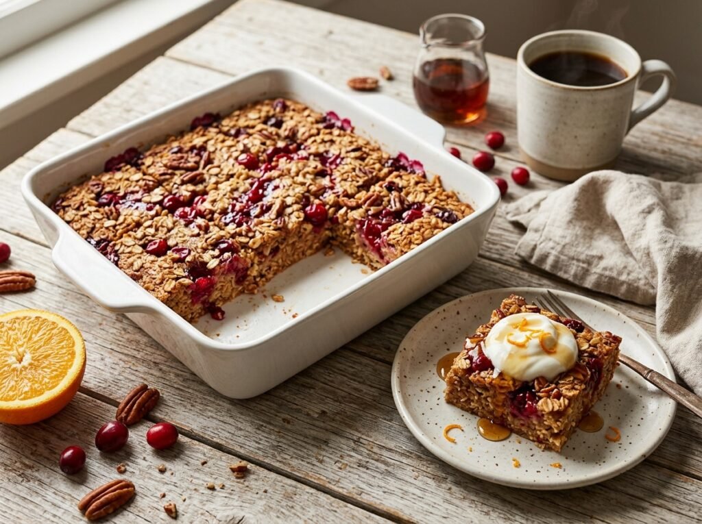 Cranberry Orange Baked Oatmeal cut into squares with pecans, burst cranberries, Greek yogurt, and maple syrup