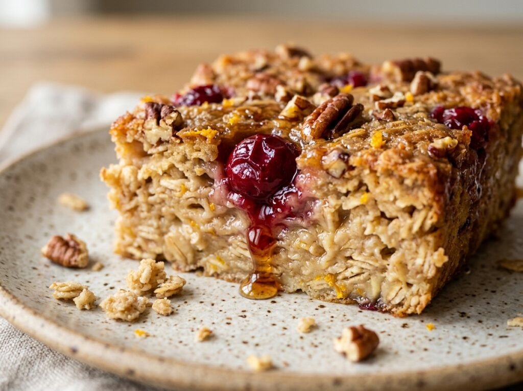 Close-up of Cranberry Orange Baked Oatmeal showing custardy oats, a burst jammy cranberry, toasted pecans, and orange zest