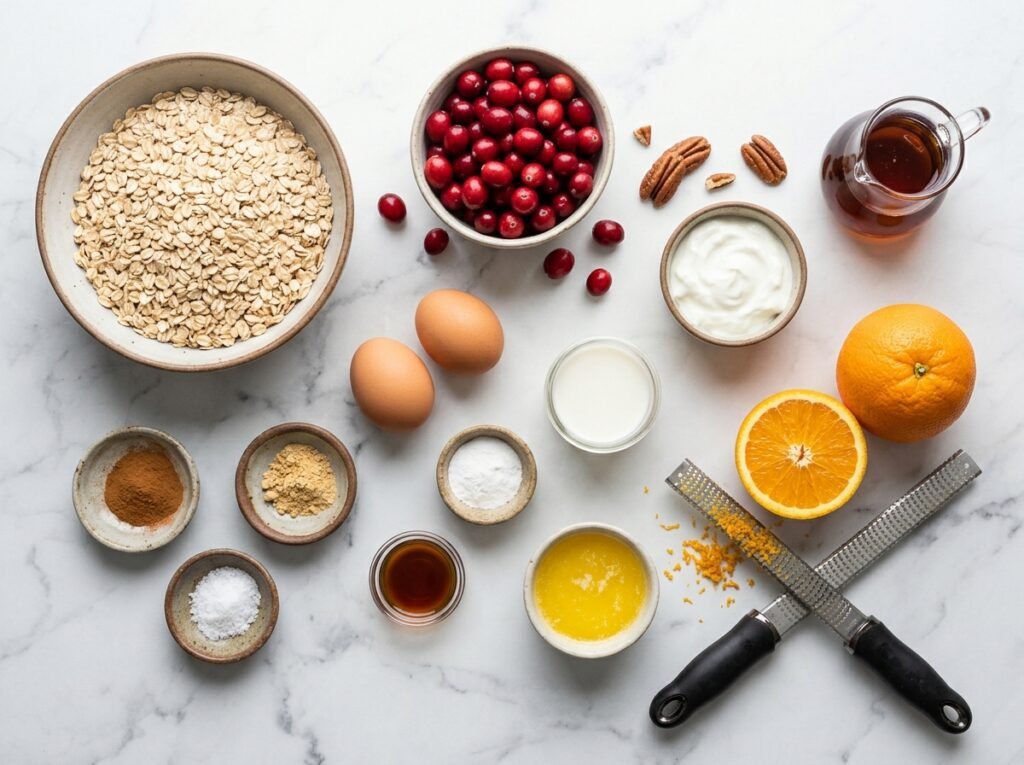 Ingredients for Cranberry Orange Baked Oatmeal on marble: rolled oats, fresh cranberries, pecans, eggs, Greek yogurt, milk, maple syrup, and an orange