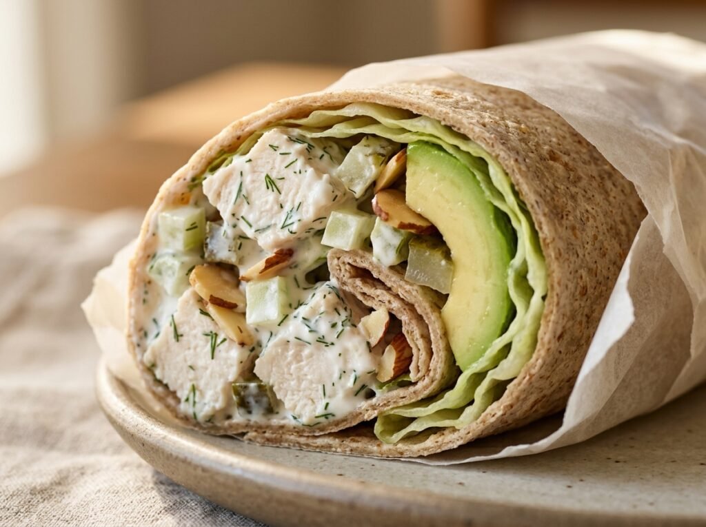 Close-up of Greek Yogurt Chicken Salad Wraps showing creamy chicken salad with dill, celery, almonds, lettuce, and avocado