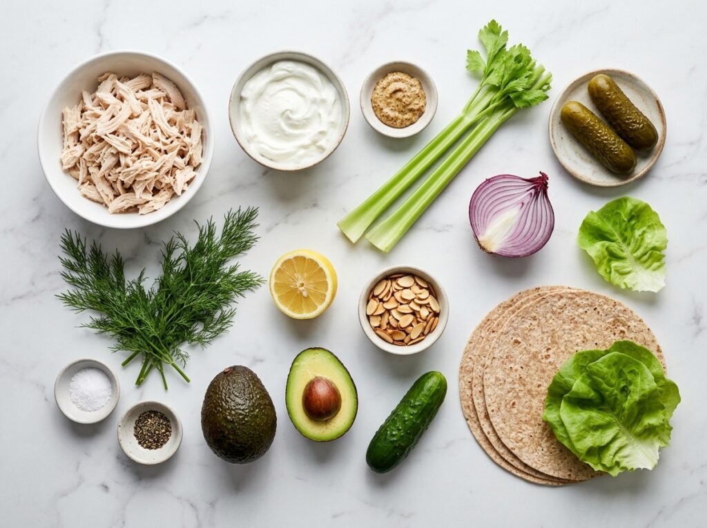 Ingredients for Greek Yogurt Chicken Salad Wraps on marble: shredded chicken, Greek yogurt, Dijon, celery, pickles, dill, almonds, avocado, and tortillas