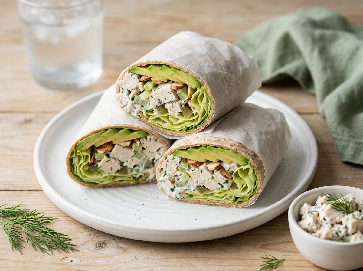 Greek Yogurt Chicken Salad Wraps sliced in half, showing chicken salad, lettuce, and avocado inside whole wheat tortillas