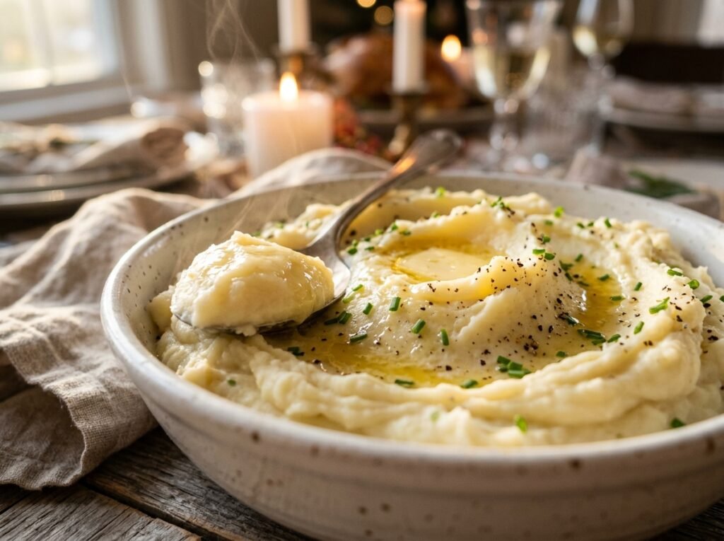 Close-up of creamy Greek yogurt mashed potatoes with a spoonful lifted, a melting butter pool, chives, and black pepper on a Thanksgiving table