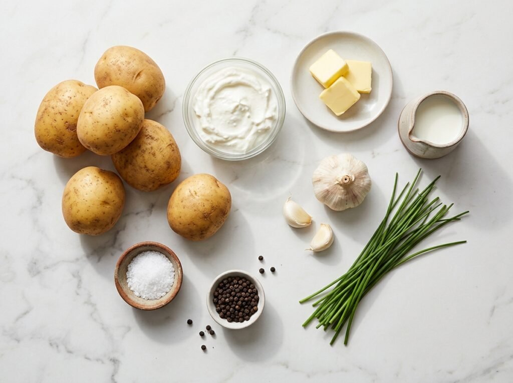 Ingredients for Greek yogurt mashed potatoes on marble: Yukon Gold potatoes, Greek yogurt, garlic, butter, milk, and chives