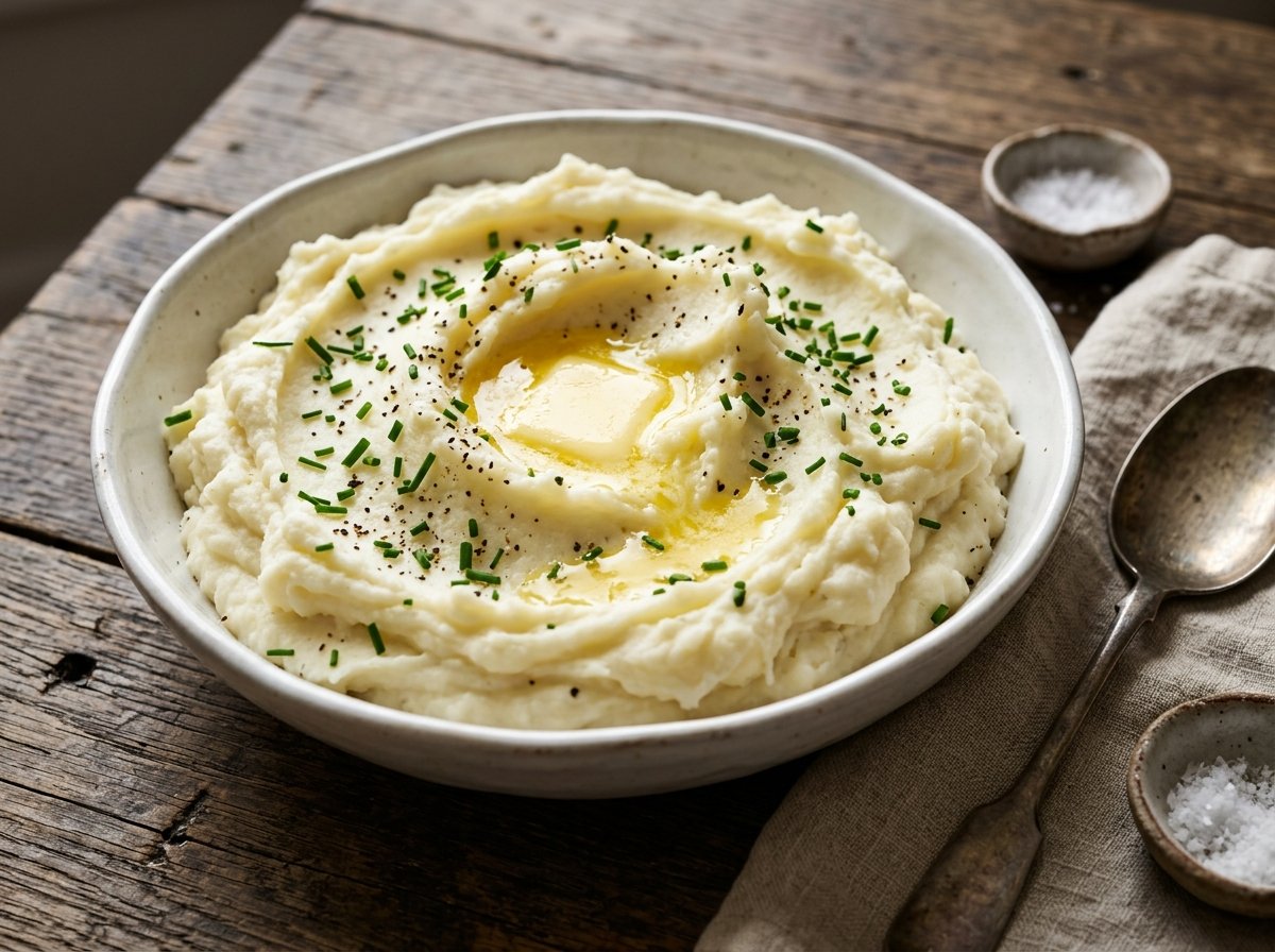 Bowl of creamy Greek yogurt mashed potatoes topped with melting butter, fresh chives, and cracked black pepper