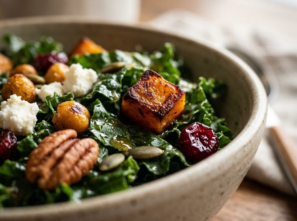 Close-up of Harvest Kale Salad showing caramelized roasted squash, crispy chickpeas, goat cheese, and pecans on dressed kale