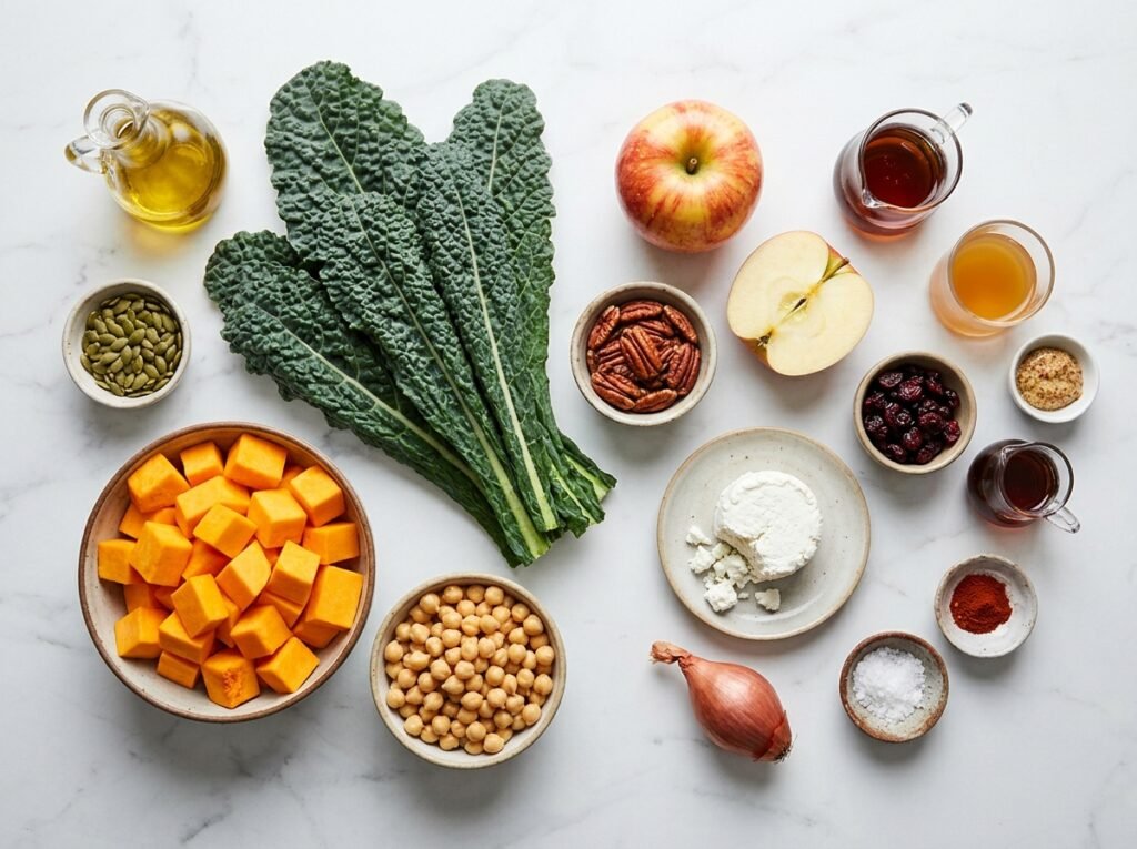 Ingredients for Harvest Kale Salad on marble: lacinato kale, butternut squash, chickpeas, apple, pecans, pepitas, cranberries, and goat cheese