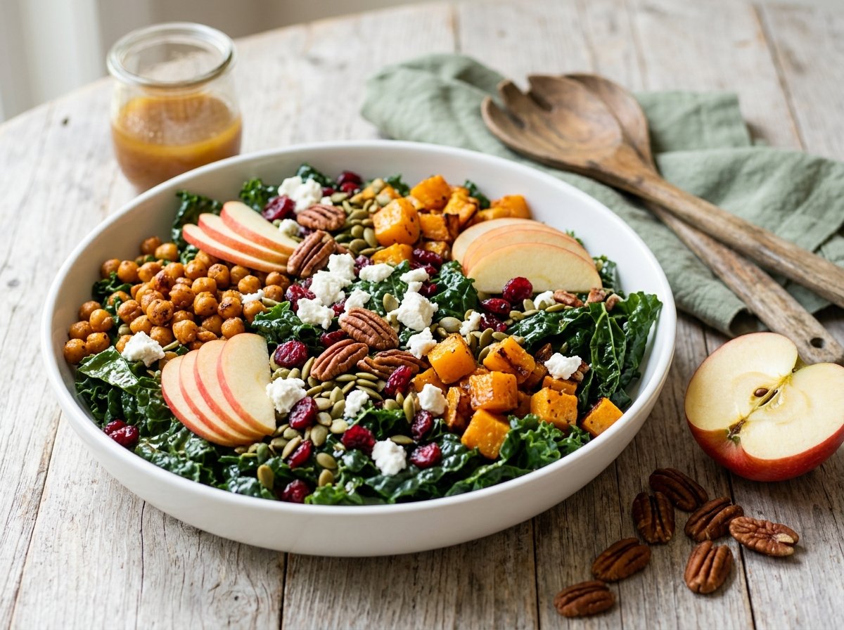 Harvest Kale Salad with roasted butternut squash, apple, pecans, cranberries, chickpeas, and goat cheese in a white bowl