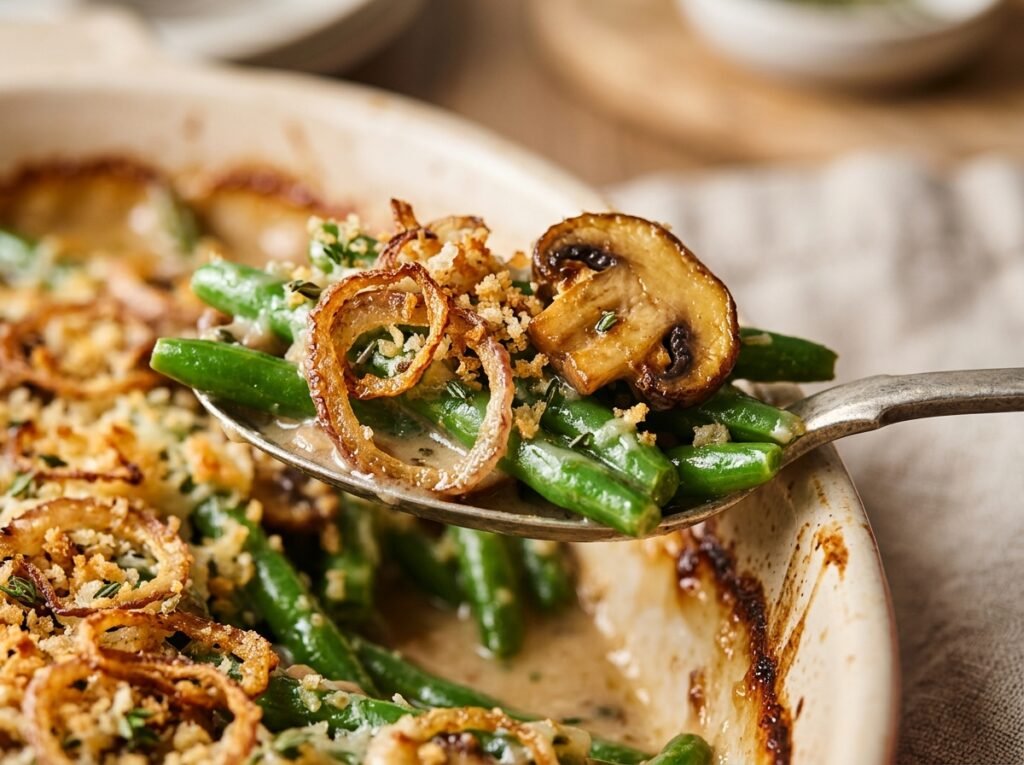 Close-up of Healthy Green Bean Casserole showing crispy golden shallots over green beans in creamy mushroom sauce