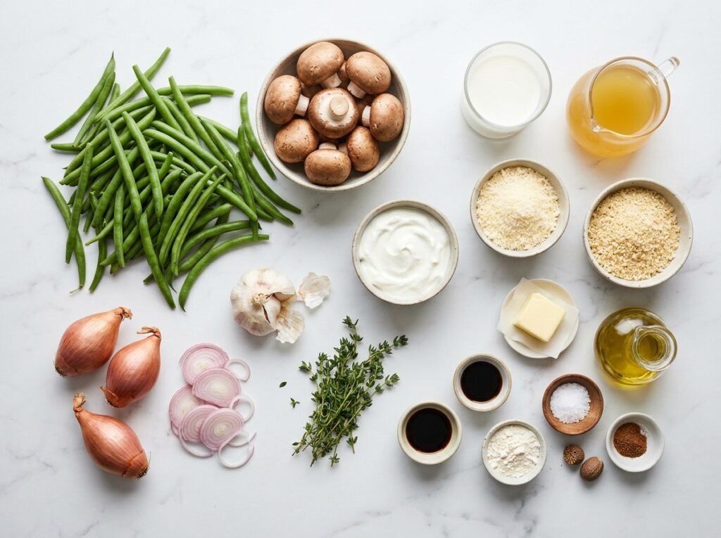 Ingredients for Healthy Green Bean Casserole on marble: fresh green beans, mushrooms, shallots, garlic, thyme, Greek yogurt, milk, Parmesan, and panko