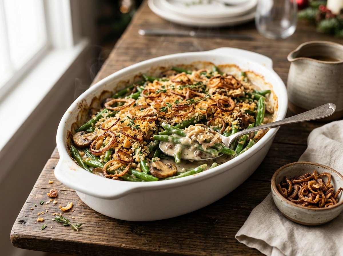 Healthy Green Bean Casserole with creamy mushroom sauce and crispy baked shallots in a white baking dish
