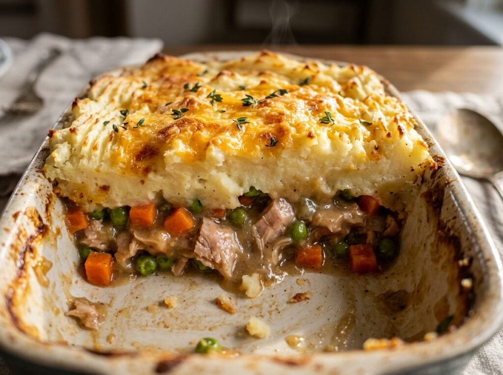 Close-up of Leftover Turkey Shepherd's Pie showing golden mashed potato ridges over turkey, carrots, and peas in gravy