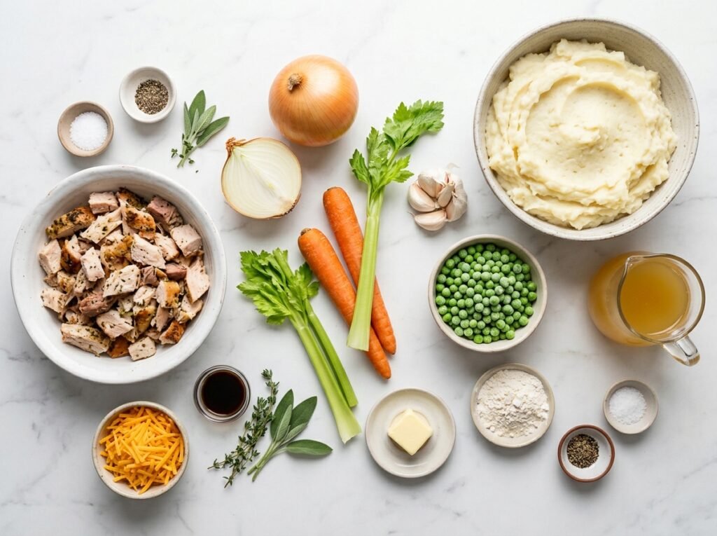 Ingredients for Leftover Turkey Shepherd's Pie on marble: chopped turkey, mashed potatoes, onion, carrots, celery, peas, broth, cheddar, and fresh herbs