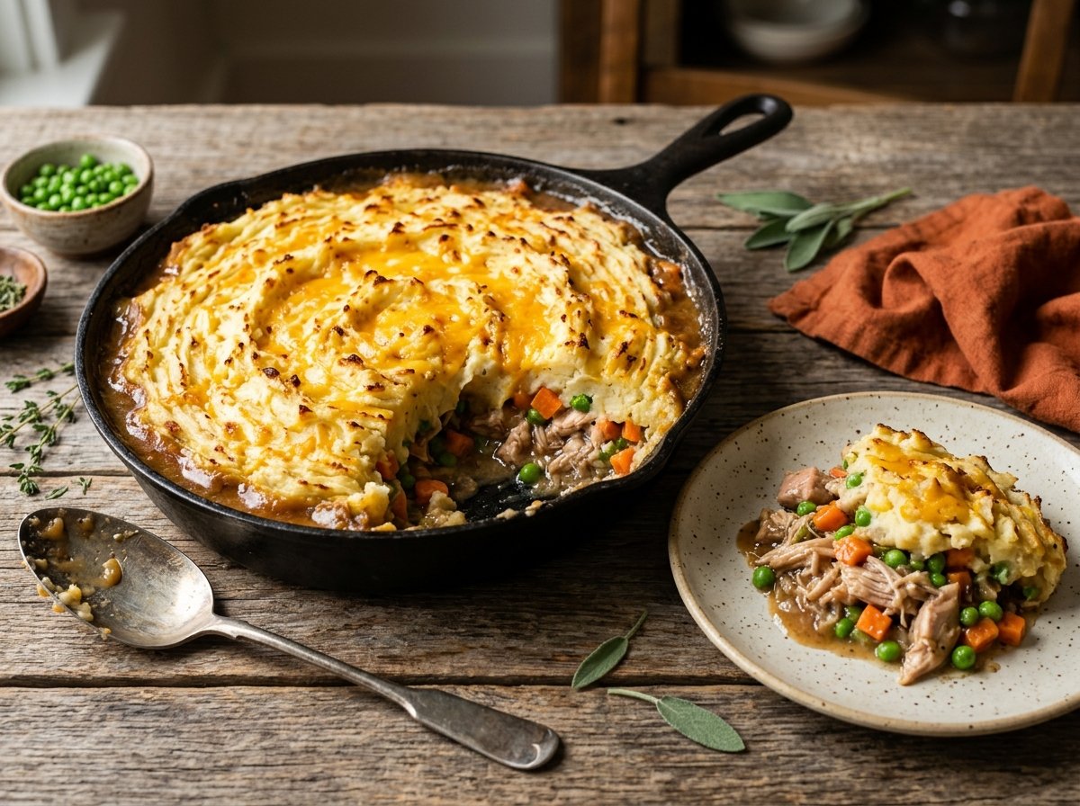 Leftover Turkey Shepherd's Pie in a cast iron skillet with golden mashed potato topping and a serving showing turkey, carrots, and peas