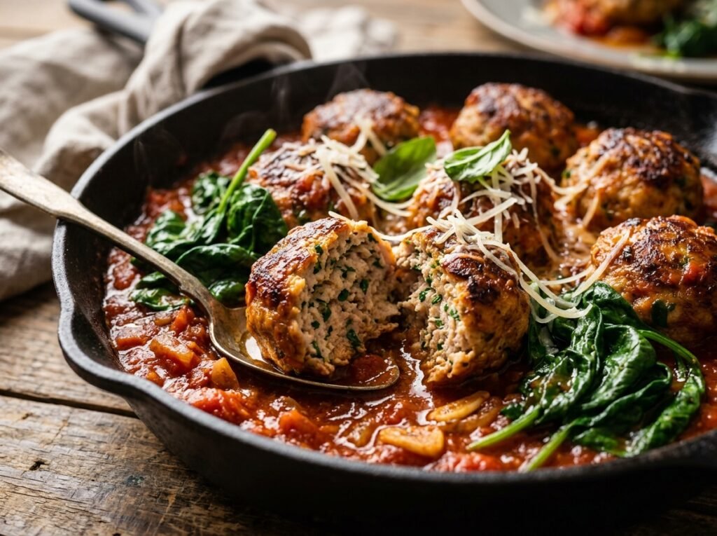 Close-up of One-Pan Turkey Meatballs showing a juicy split meatball in chunky tomato sauce with spinach and Parmesan