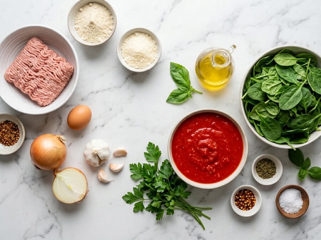 Ingredients for One-Pan Turkey Meatballs on marble: ground turkey, almond flour, Parmesan, egg, onion, garlic, crushed tomatoes, and spinach