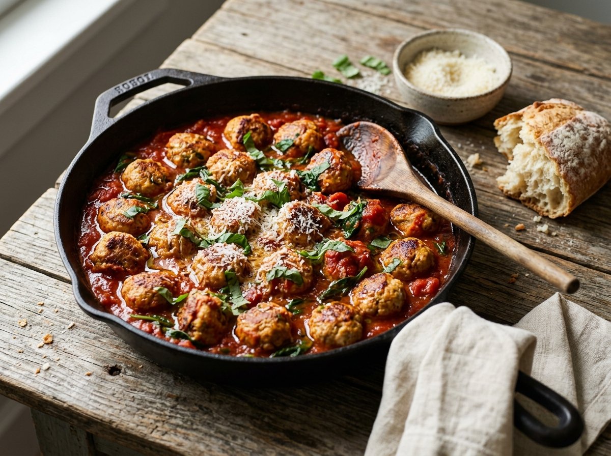 One-Pan Turkey Meatballs in tomato sauce with wilted spinach, Parmesan, and fresh basil in a cast iron skillet