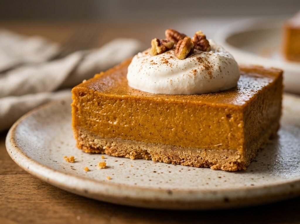 Close-up of Pumpkin Pie Greek Yogurt Bars showing the silky pumpkin custard layer and golden almond flour crust