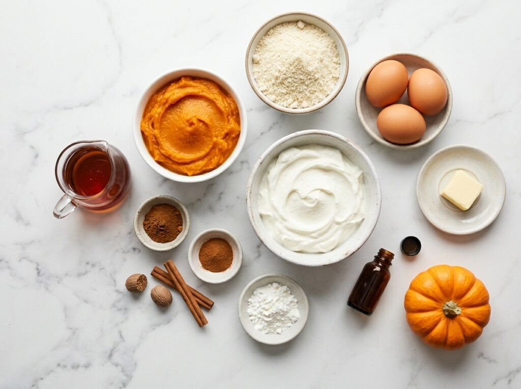 Ingredients for Pumpkin Pie Greek Yogurt Bars on marble: pumpkin puree, Greek yogurt, almond flour, eggs, maple syrup, butter, and spices