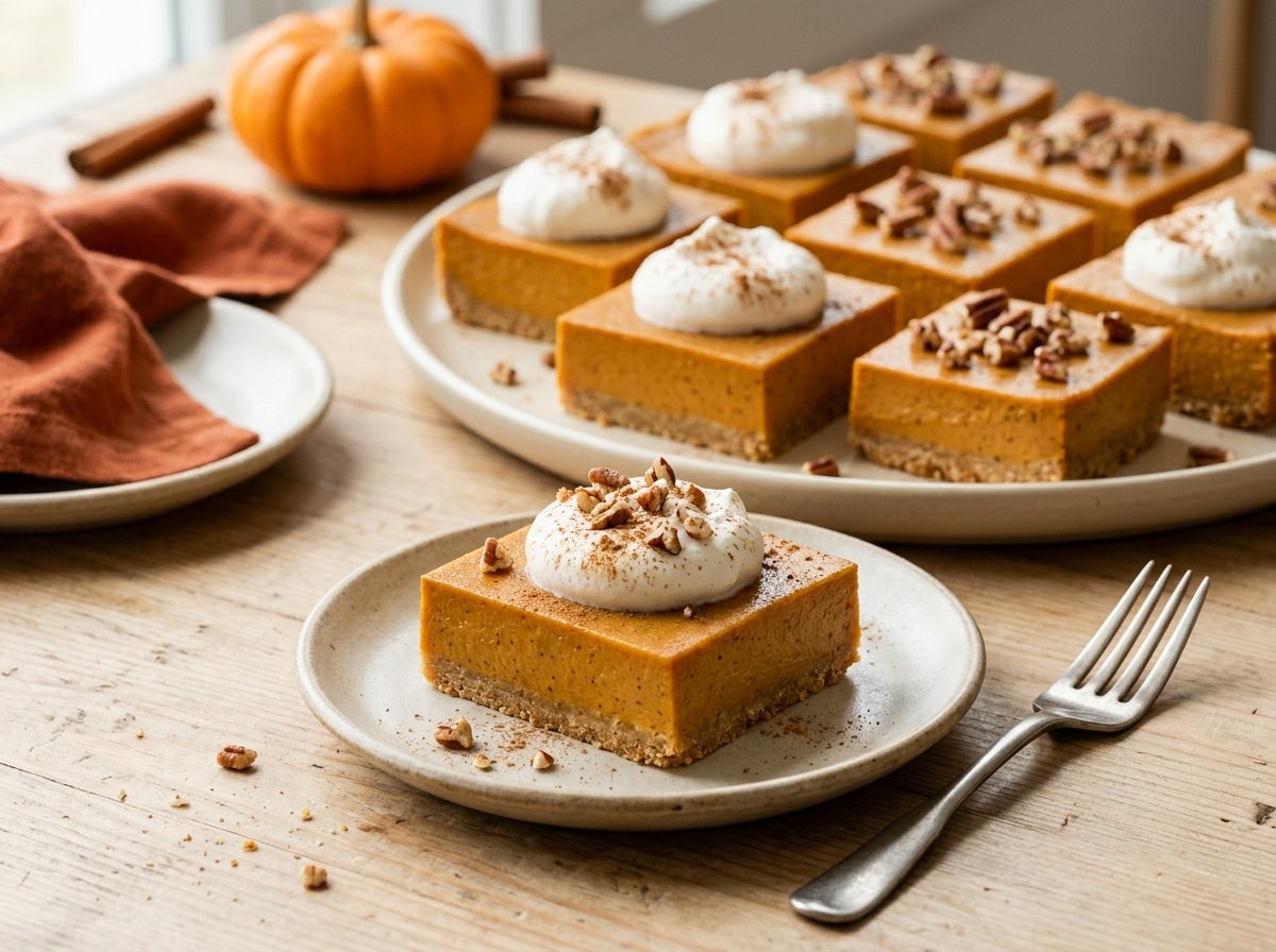 Pumpkin Pie Greek Yogurt Bars with almond flour crust, topped with whipped cream and cinnamon on a cream platter