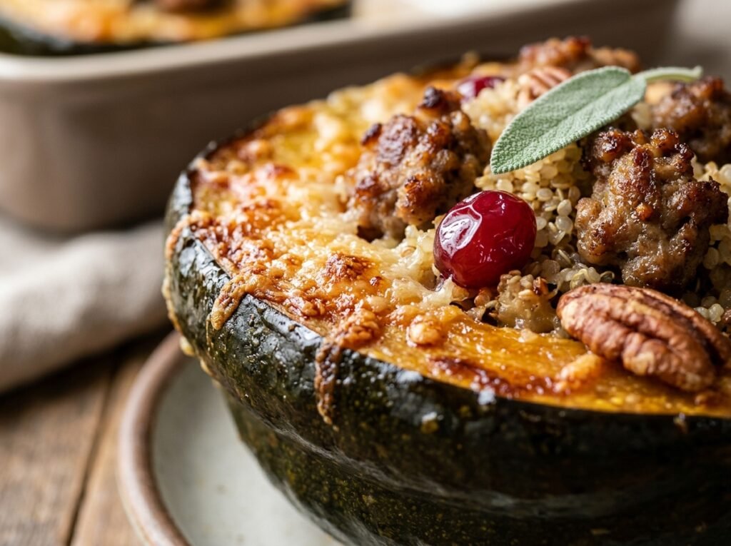 Close-up of Stuffed Acorn Squash showing golden Parmesan crust, sausage, quinoa, cranberries, and caramelized squash