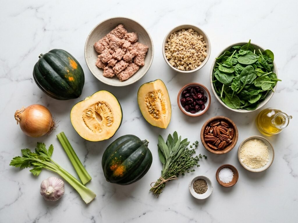 Ingredients for Stuffed Acorn Squash on marble: acorn squash, turkey sausage, quinoa, onion, celery, sage, spinach, cranberries, pecans, and Parmesan