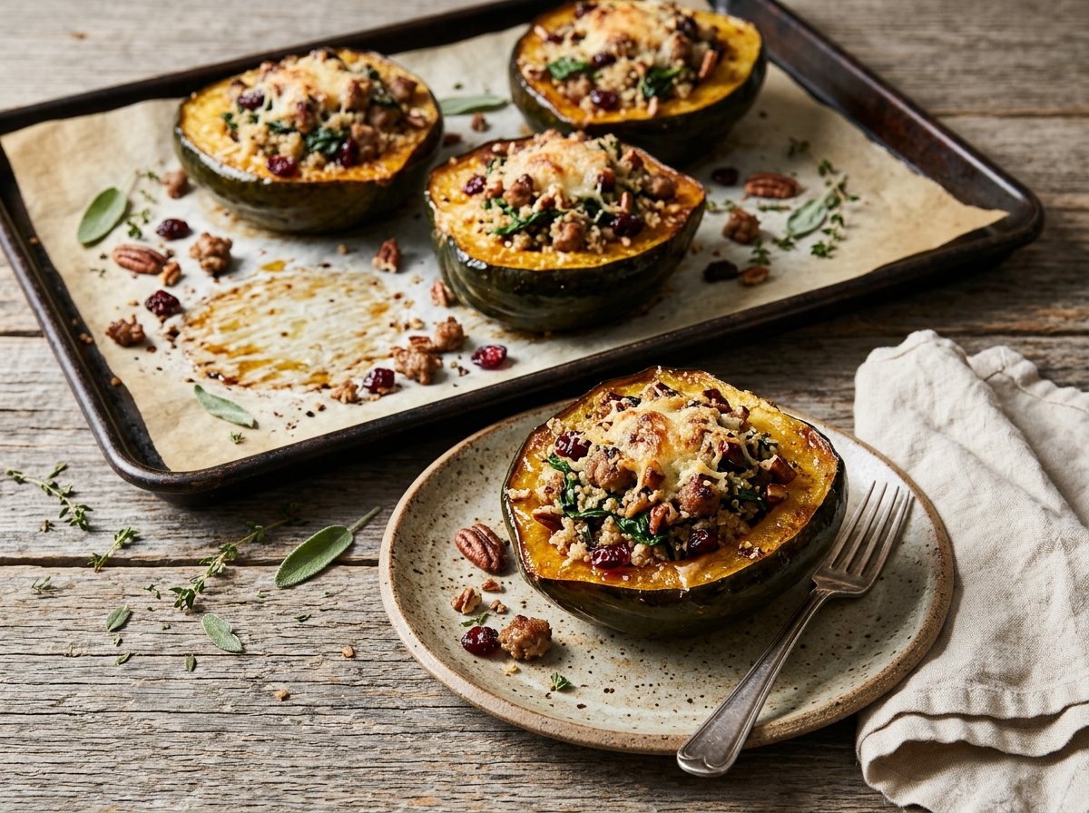 Stuffed Acorn Squash halves filled with turkey sausage, quinoa, spinach, cranberries, and pecans topped with golden Parmesan