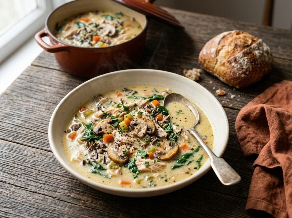 Creamy Turkey Wild Rice Soup in a bowl with shredded turkey, wild rice, carrots, mushrooms, spinach, and parsley