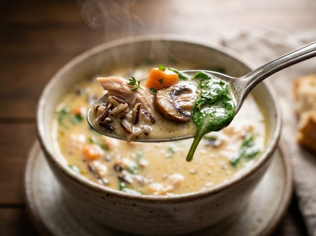 Close-up spoonful of Turkey Wild Rice Soup with wild rice, shredded turkey, mushrooms, and carrots in creamy broth
