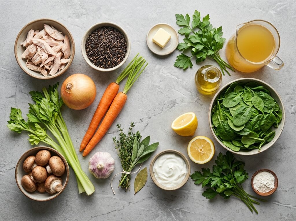 Ingredients for Turkey Wild Rice Soup on stone: shredded turkey, wild rice, onion, carrots, celery, mushrooms, herbs, Greek yogurt, and spinach